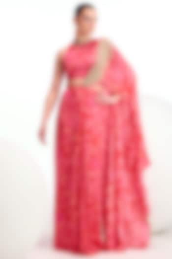 Fuchsia Pink Crepe Hand Embellished Draped Saree Set by Namrata Joshipura