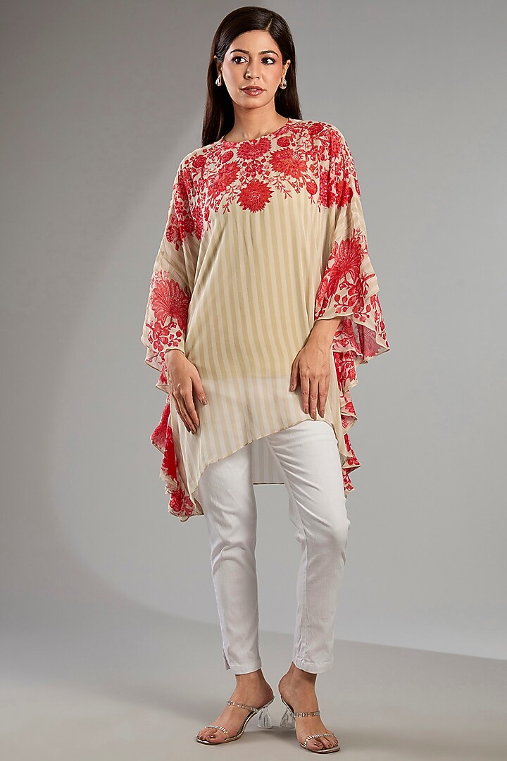 Beige Georgette Floral Frill Tunic by Namrata Joshipura at Pernia's Pop Up Shop