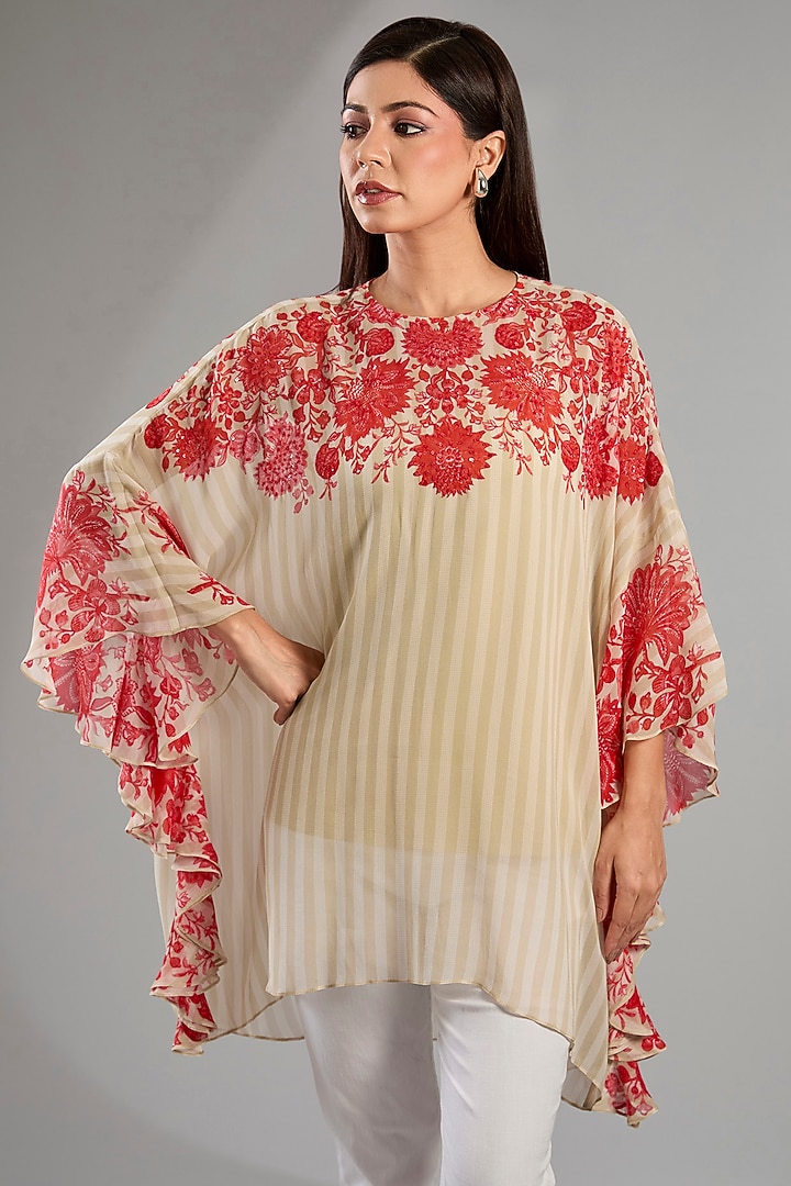 Beige Georgette Floral Frill Tunic by Namrata Joshipura at Pernia's Pop Up Shop