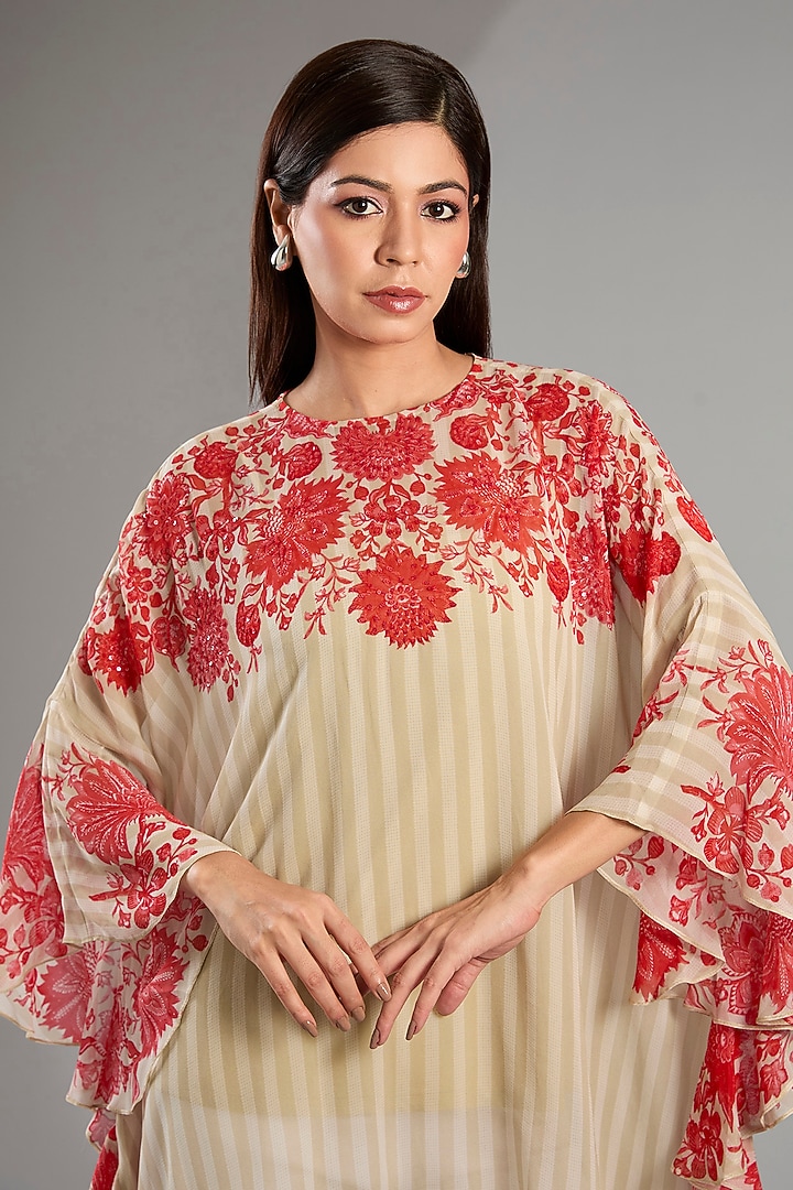 Beige Georgette Floral Frill Tunic by Namrata Joshipura at Pernia's Pop Up Shop