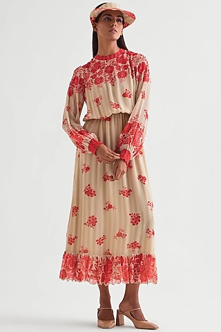 Beige Georgette Floral Printed Maxi Boho Dress by Namrata Joshipura