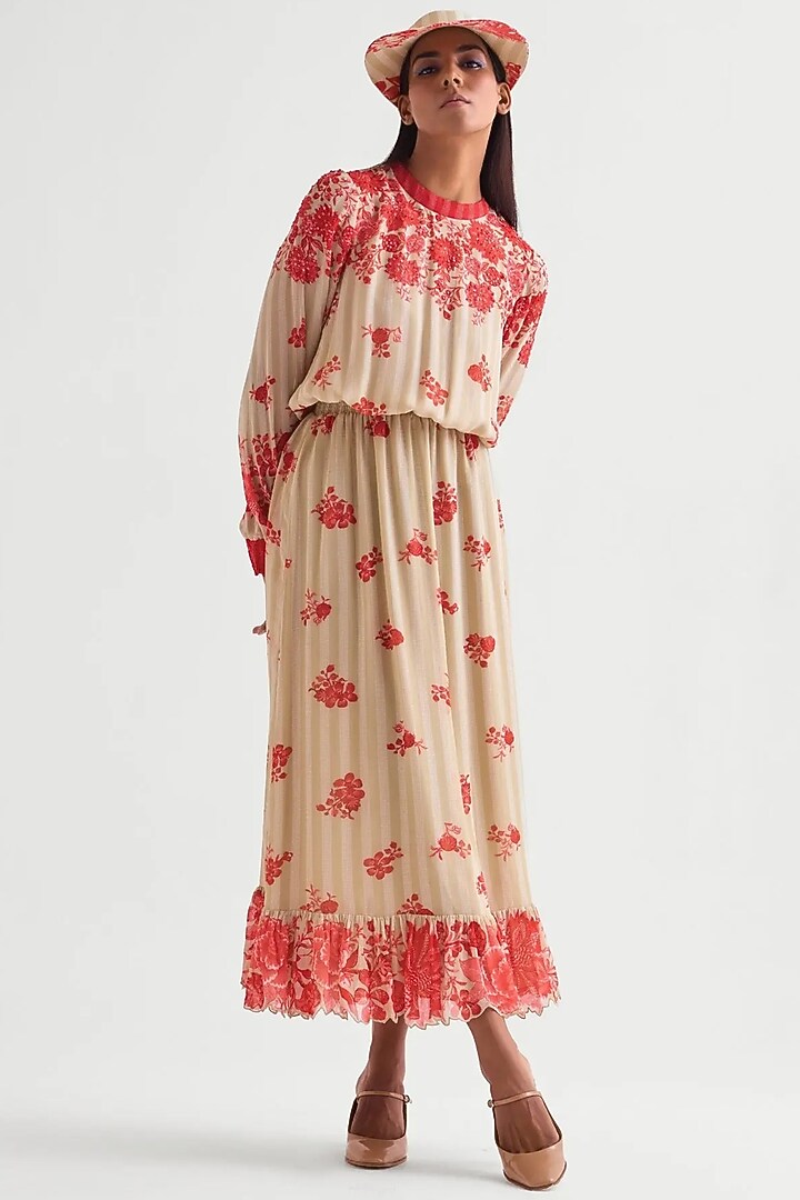 Beige Georgette Floral Printed Maxi Boho Cocktail Dress by Namrata Joshipura at Pernia's Pop Up Shop