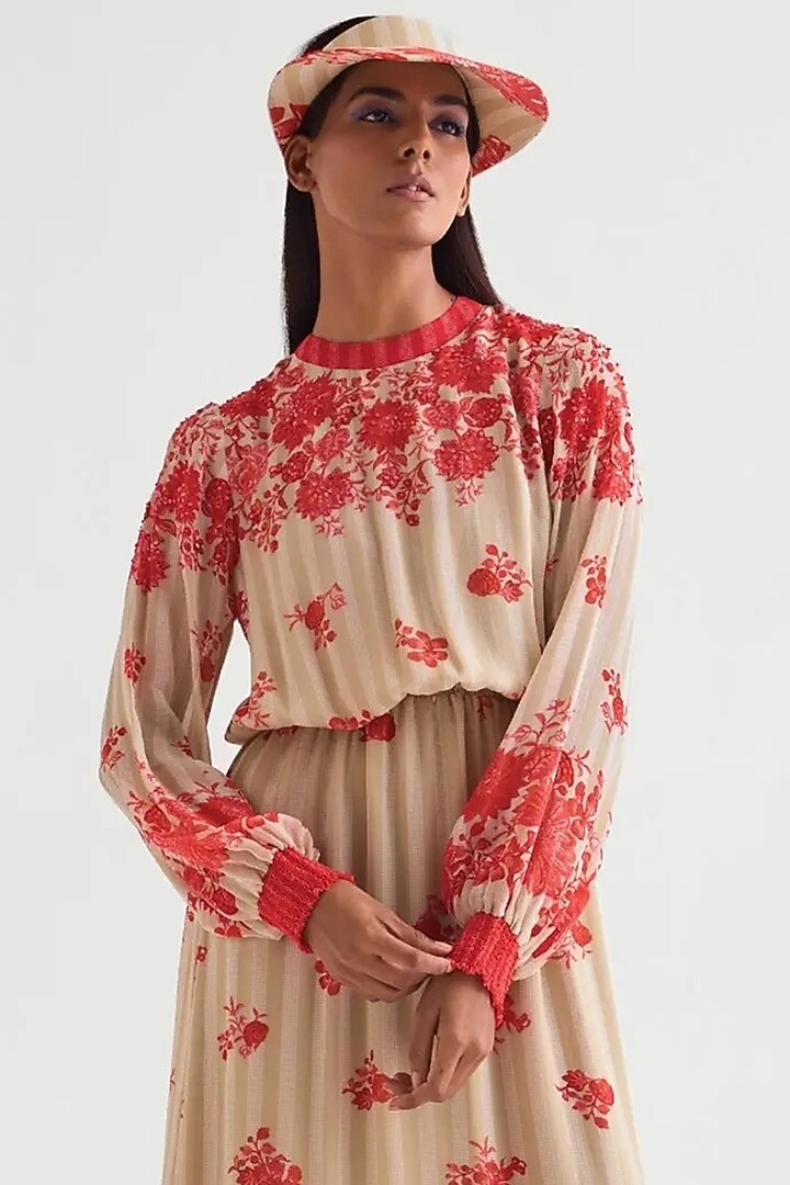 Beige Georgette Floral Printed Maxi Boho Cocktail Dress by Namrata Joshipura at Pernia's Pop Up Shop