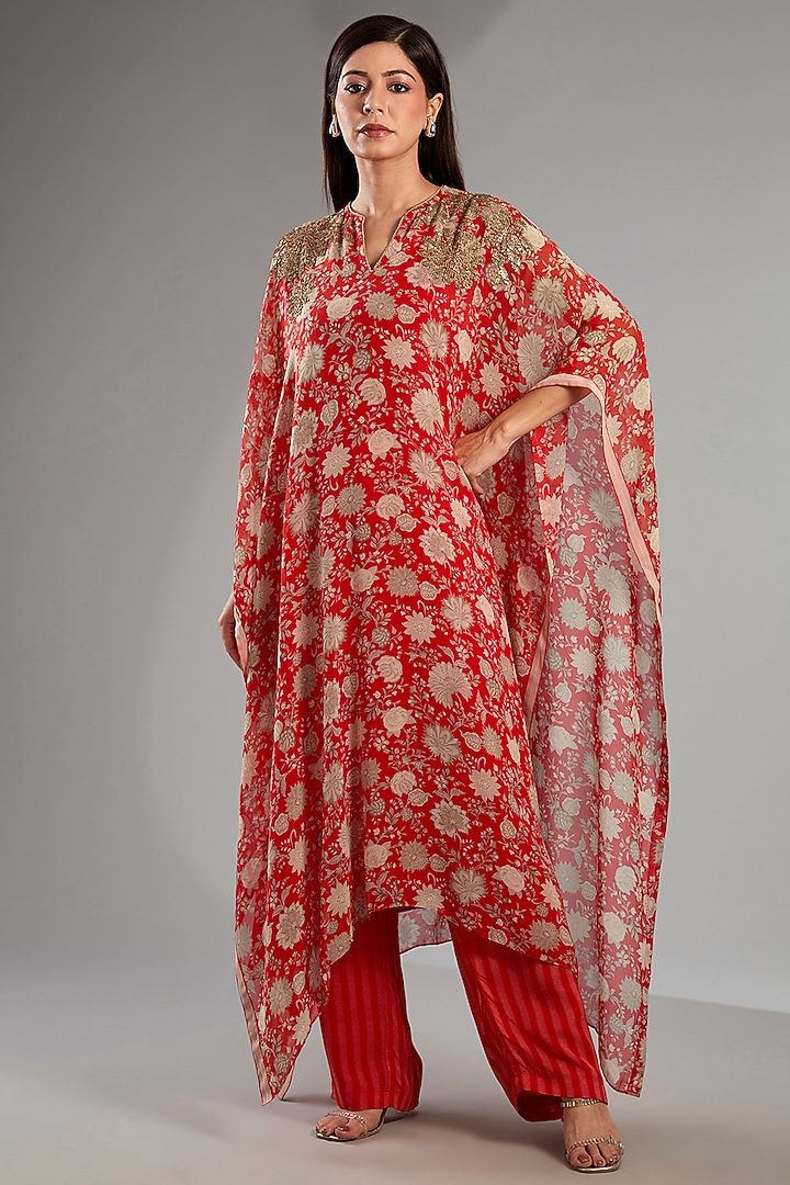 Red Georgette Floral Kaftan Set by Namrata Joshipura at Pernia's Pop Up Shop