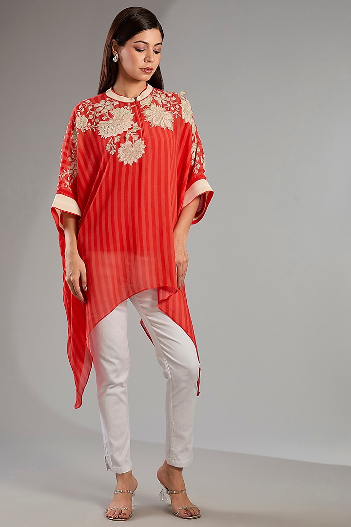 Red Georgette Floral Handkerchief Tunic by Namrata Joshipura at Pernia's Pop Up Shop