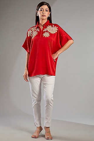 Red Georgette Zipper Top by Namrata Joshipura
