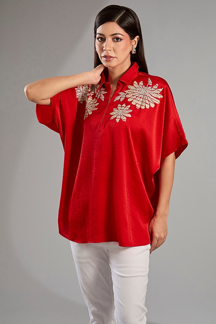 Red Georgette Zipper Top by Namrata Joshipura at Pernia's Pop Up Shop
