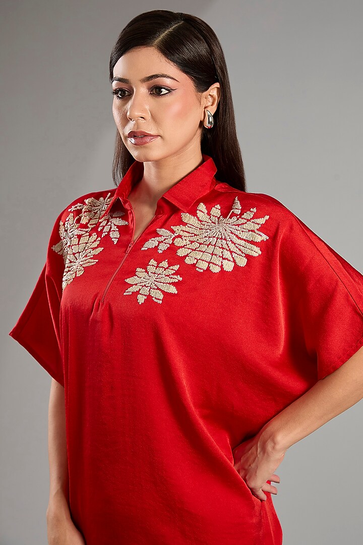 Red Georgette Zipper Top by Namrata Joshipura at Pernia's Pop Up Shop