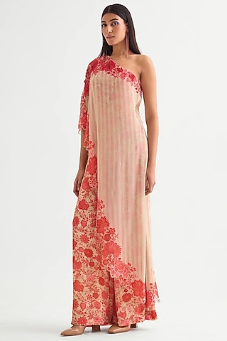 Beige Georgette Off-Shoulder Jumpsuit by Namrata Joshipura