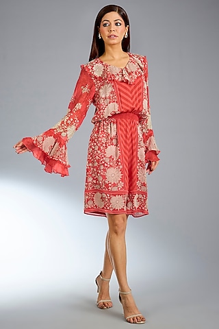 Red Georgette Mini Romper Dress by Namrata Joshipura