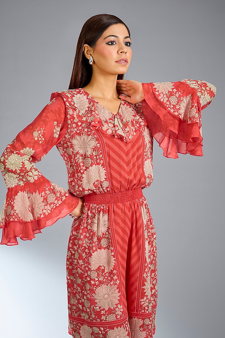 Red Georgette Mini Romper Vacation Dress by Namrata Joshipura at Pernia's Pop Up Shop