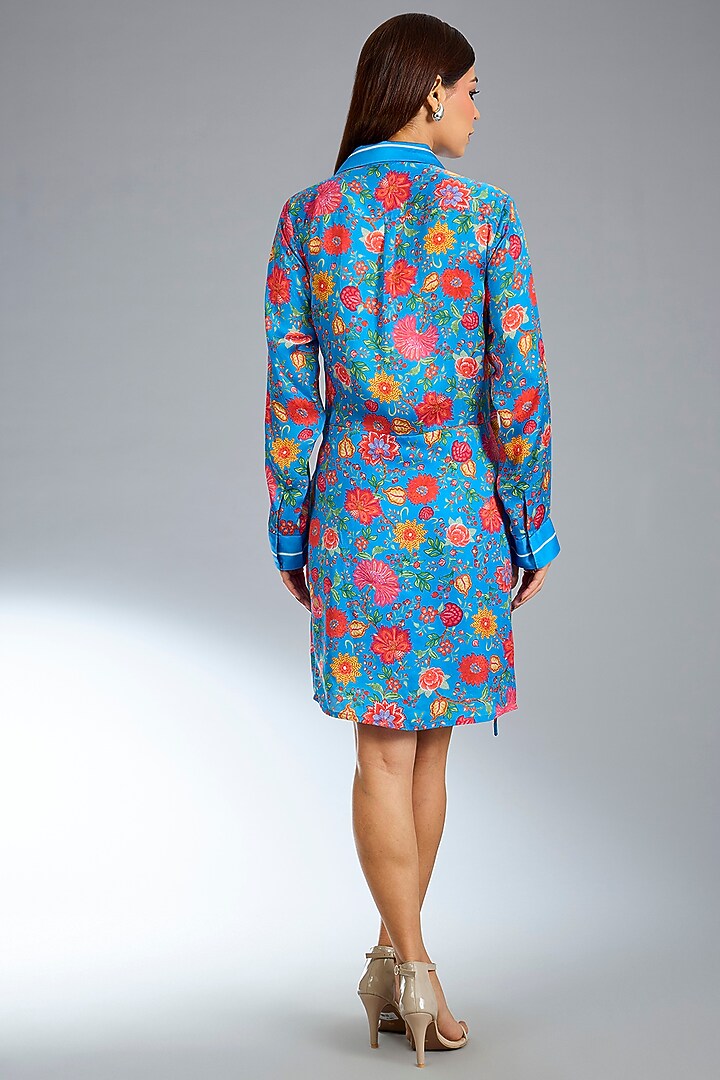 German Blue Georgette Mini Floret Wrap Cocktail Dress by Namrata Joshipura at Pernia's Pop Up Shop