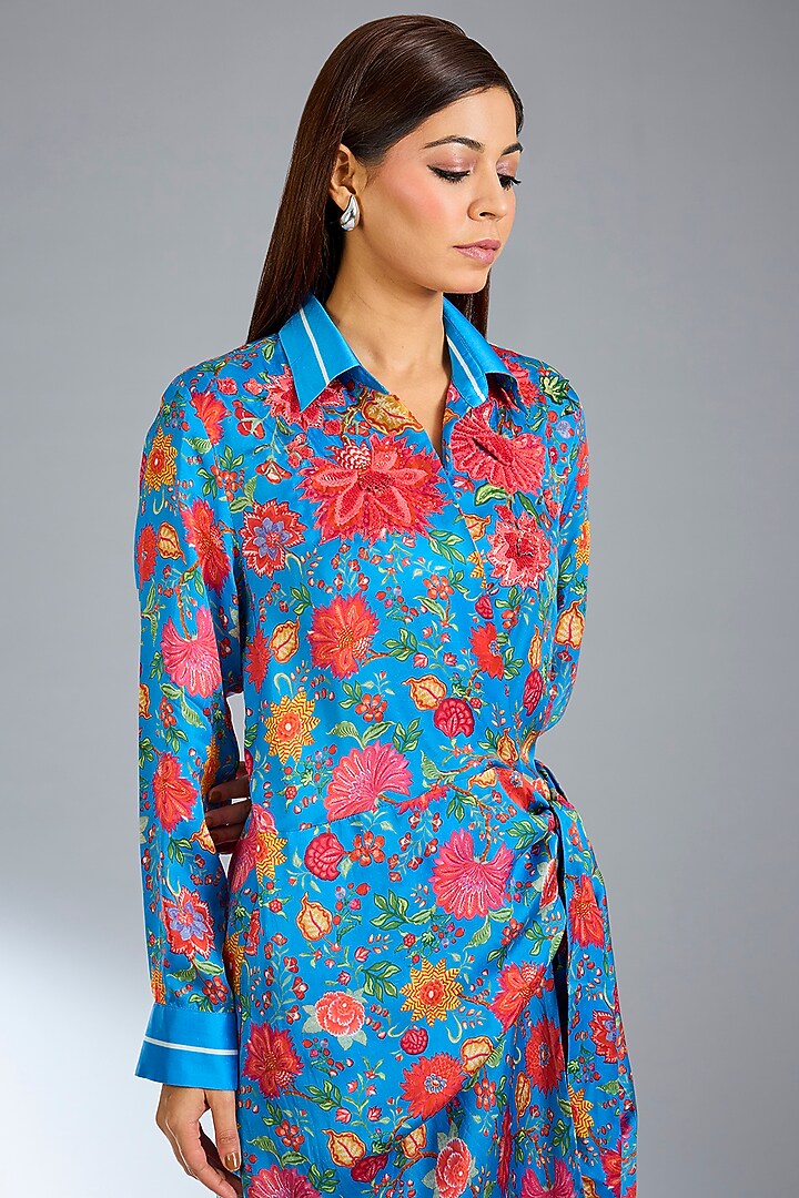 German Blue Georgette Mini Floret Wrap Cocktail Dress by Namrata Joshipura at Pernia's Pop Up Shop