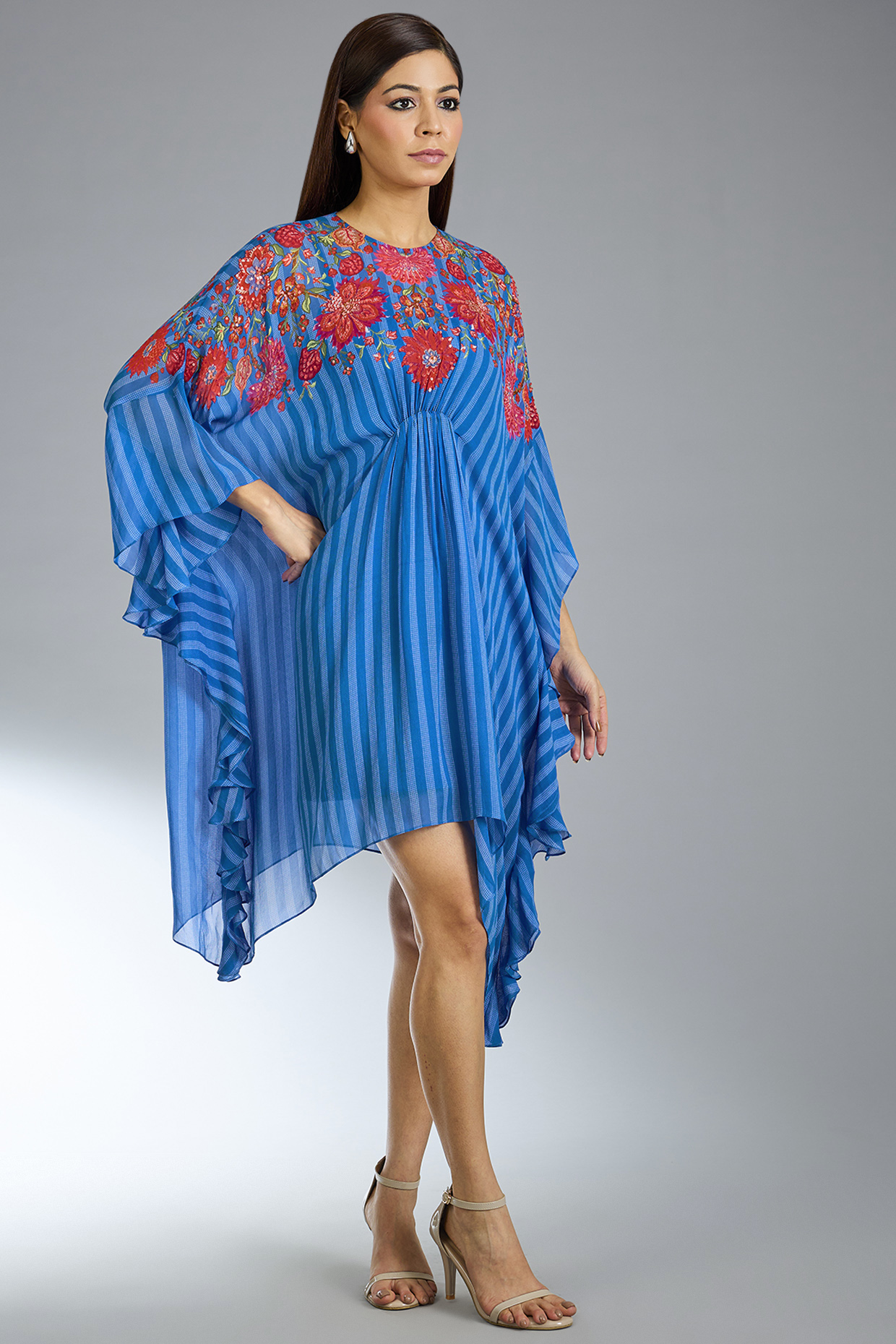 German Blue Georgette Mini Floret Frilled Vacation Dress by Namrata Joshipura at Pernia's Pop Up Shop