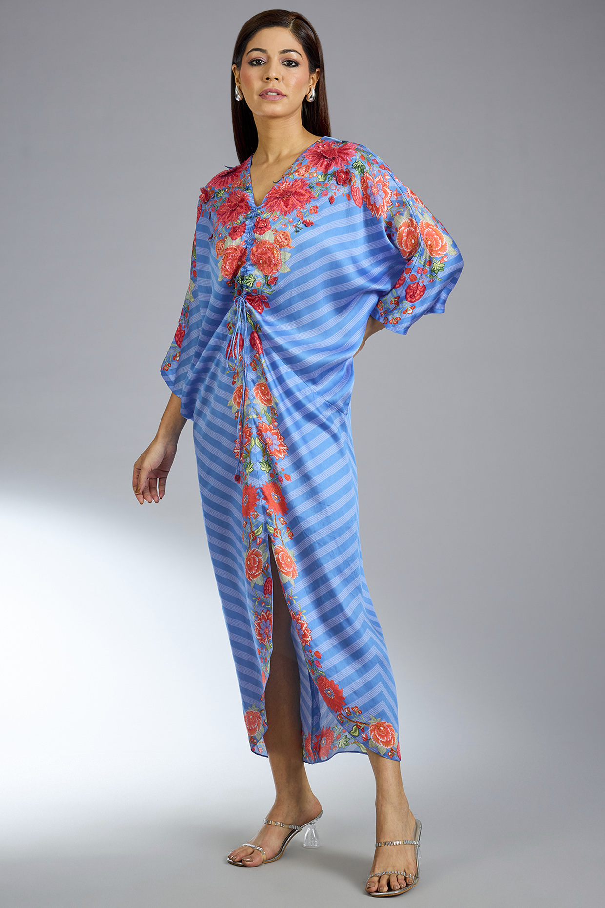 German Blue Satin Mini Floret Maxi Vacation Dress by Namrata Joshipura at Pernia's Pop Up Shop