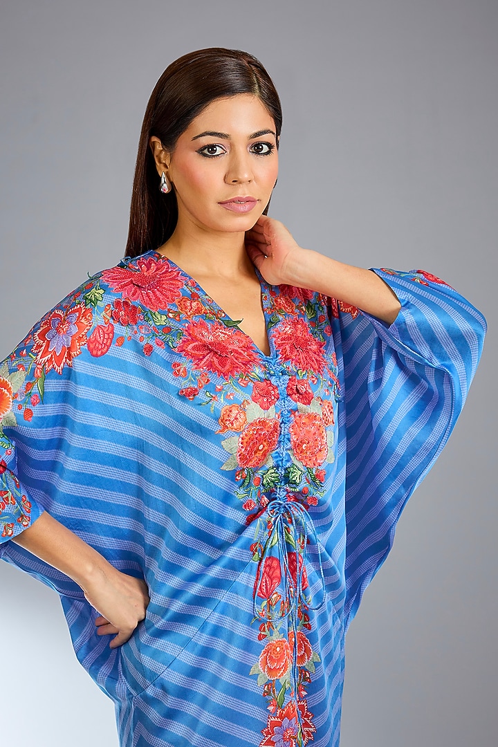 German Blue Satin Mini Floret Maxi Vacation Dress by Namrata Joshipura at Pernia's Pop Up Shop