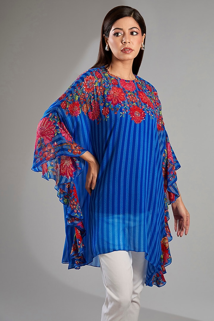 Blue Georgette Floral Frill Tunic by Namrata Joshipura at Pernia's Pop Up Shop