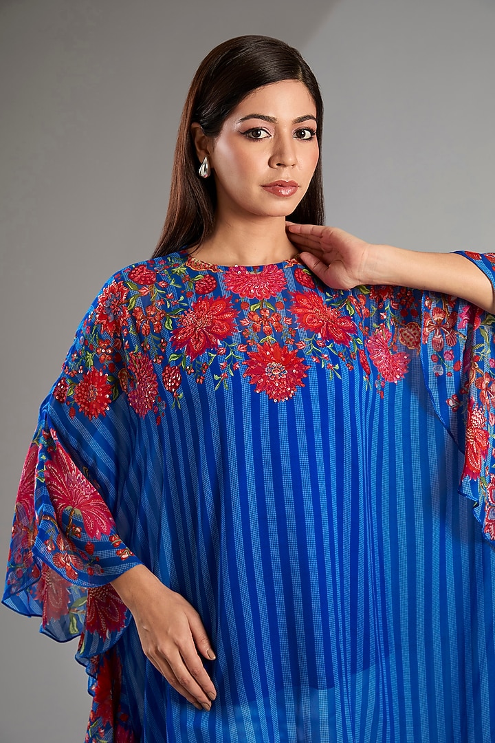 Blue Georgette Floral Frill Tunic by Namrata Joshipura at Pernia's Pop Up Shop