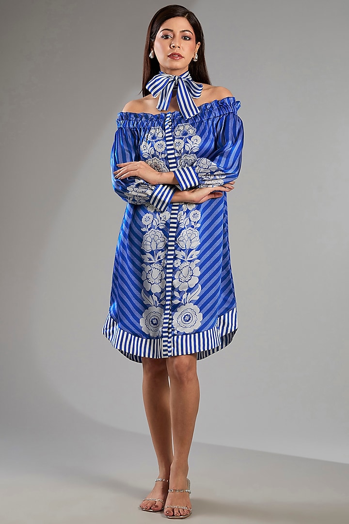 German Blue Satin Off-Shoulder Vacation Dress by Namrata Joshipura at Pernia's Pop Up Shop