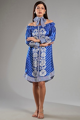 German Blue Satin Off-Shoulder Dress by Namrata Joshipura