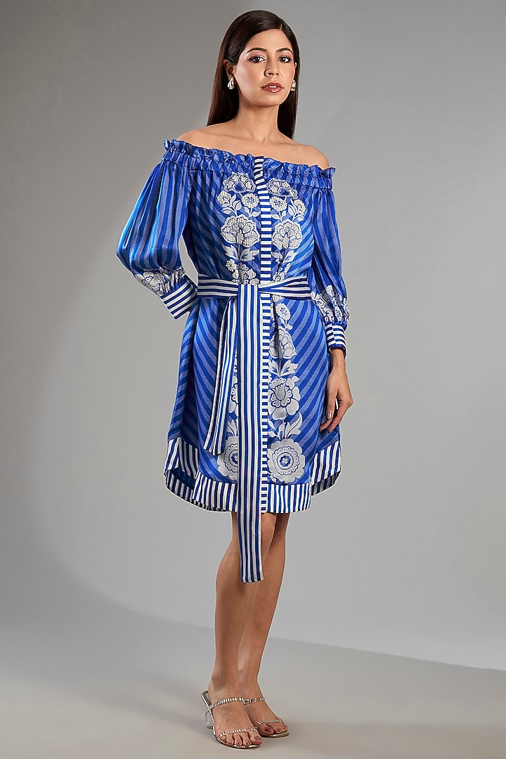 German Blue Satin Off-Shoulder Vacation Dress by Namrata Joshipura at Pernia's Pop Up Shop