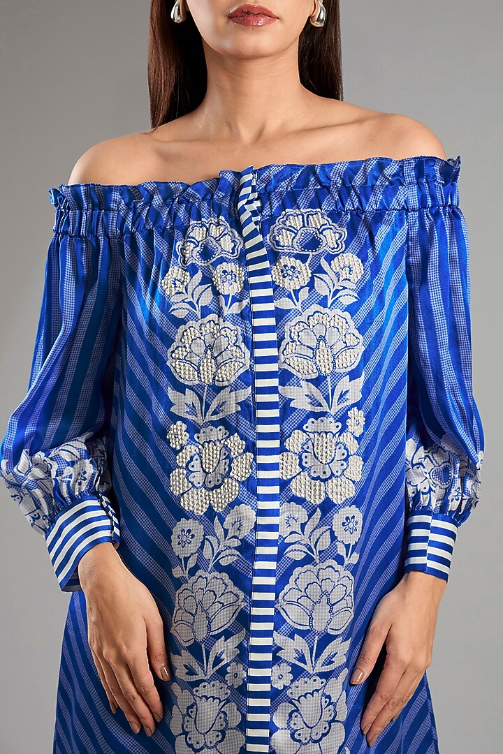 German Blue Satin Off-Shoulder Vacation Dress by Namrata Joshipura at Pernia's Pop Up Shop