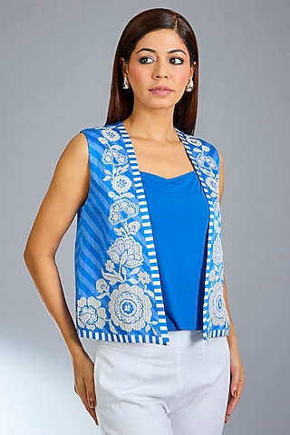 German Blue Satin Suzaini Open Jacket by Namrata Joshipura