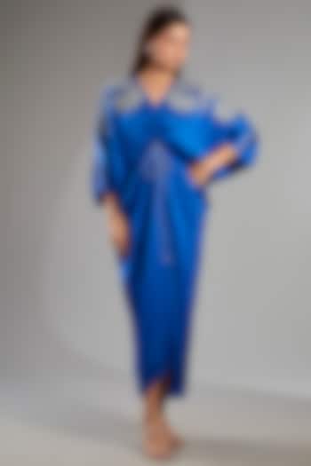 German Blue Satin Drawstring Vacation Dress by Namrata Joshipura at Pernia's Pop Up Shop