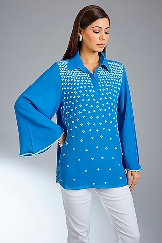 German Blue Georgette Top by Namrata Joshipura