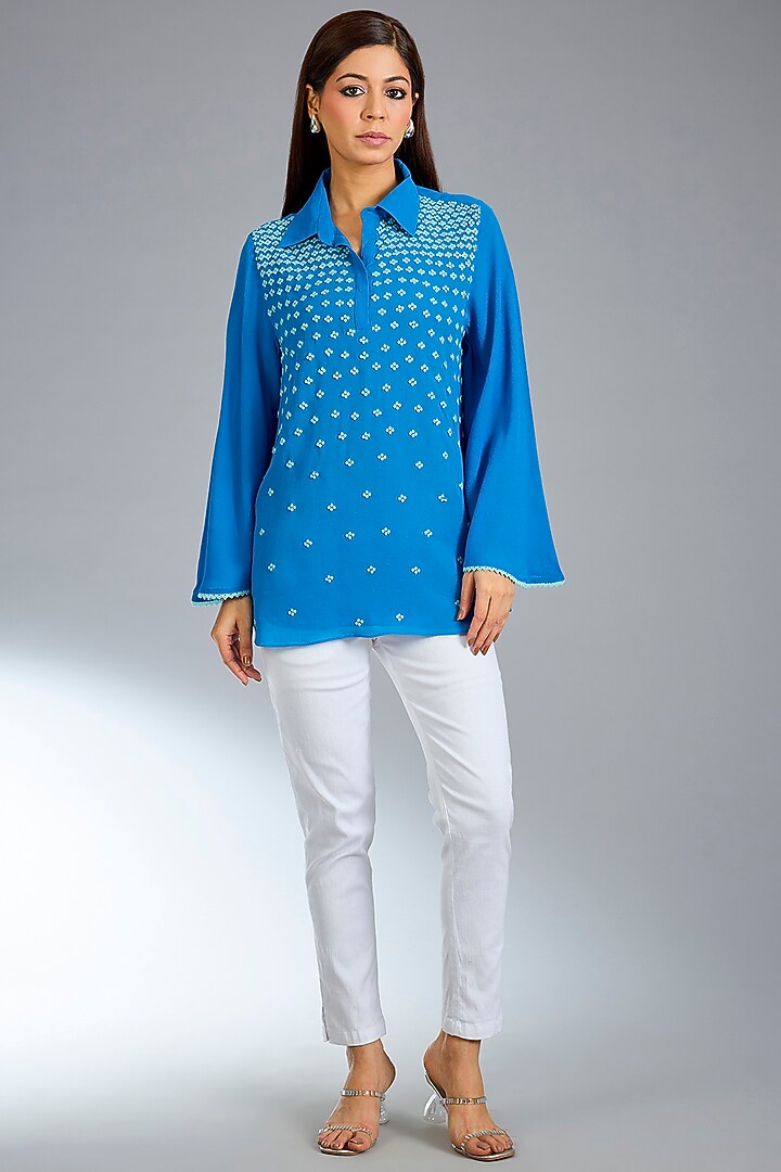 German Blue Georgette Top by Namrata Joshipura at Pernia's Pop Up Shop
