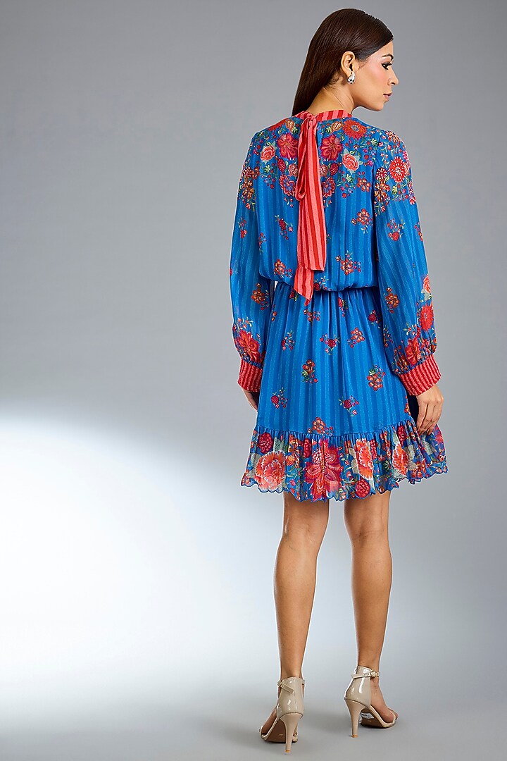German Blue Georgette Boho Mini Tie-Up Vacation Dress by Namrata Joshipura at Pernia's Pop Up Shop