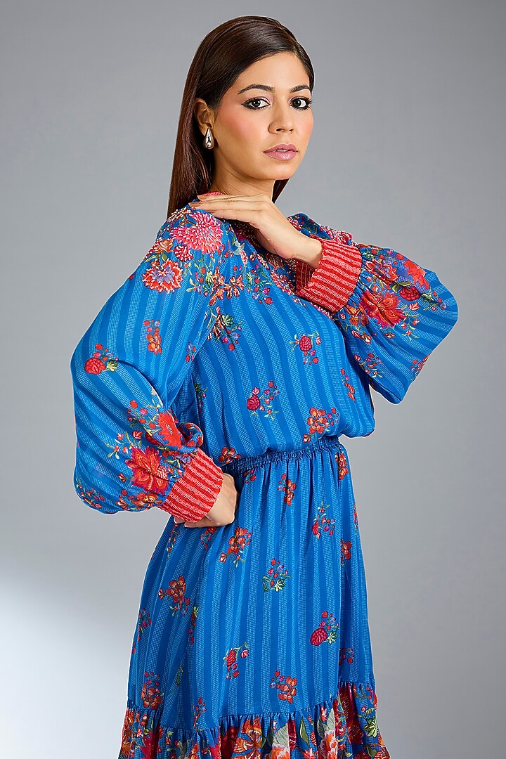 German Blue Georgette Boho Mini Tie-Up Vacation Dress by Namrata Joshipura at Pernia's Pop Up Shop