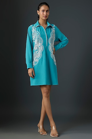 Sapphire Bubble Georgette Boxy Dress by Namrata Joshipura