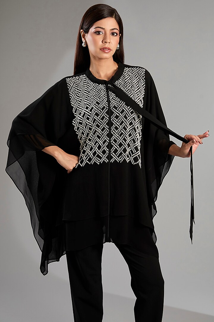 Black Georgette Long Layered Tunic by Namrata Joshipura at Pernia's Pop Up Shop