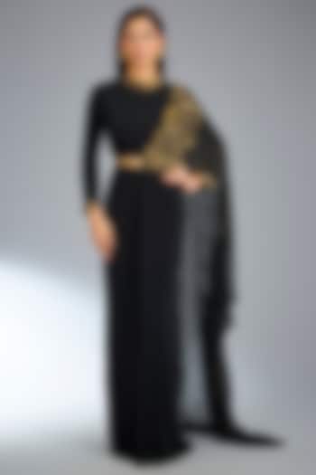 Black Jersey Paisley Hand Embroidered Draped Wedding Saree by Namrata Joshipura at Pernia's Pop Up Shop