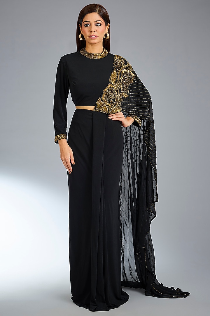 Black Jersey Paisley Hand Embroidered Draped Wedding Saree by Namrata Joshipura at Pernia's Pop Up Shop