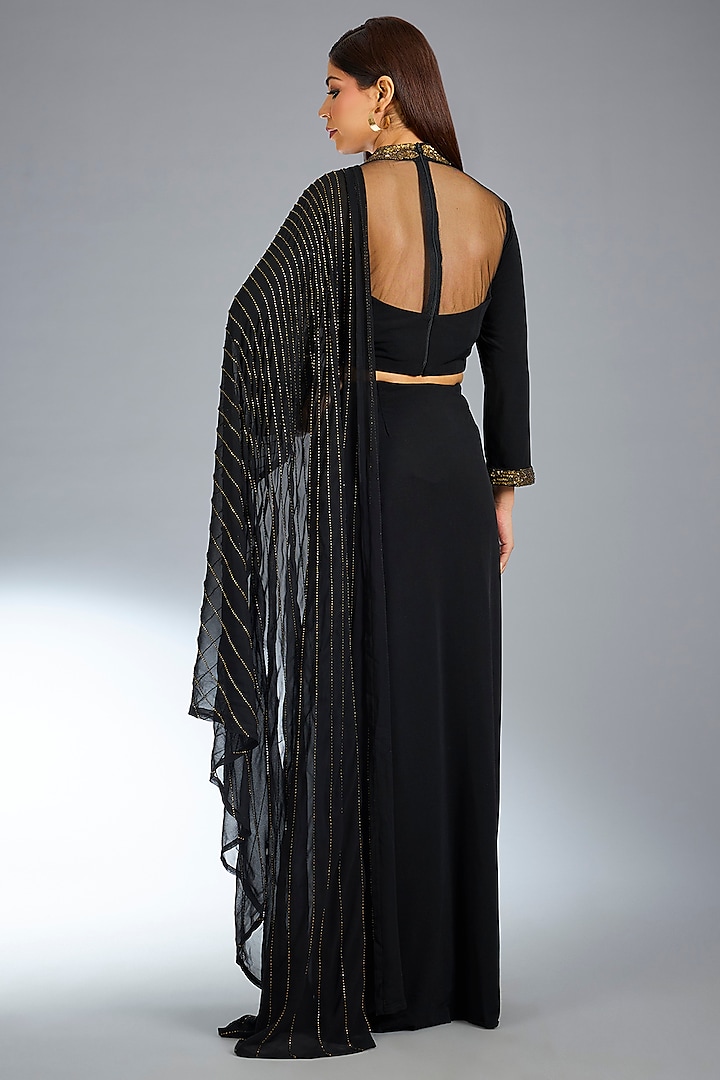 Black Jersey Paisley Hand Embroidered Draped Reception Saree by Namrata Joshipura at Pernia's Pop Up Shop