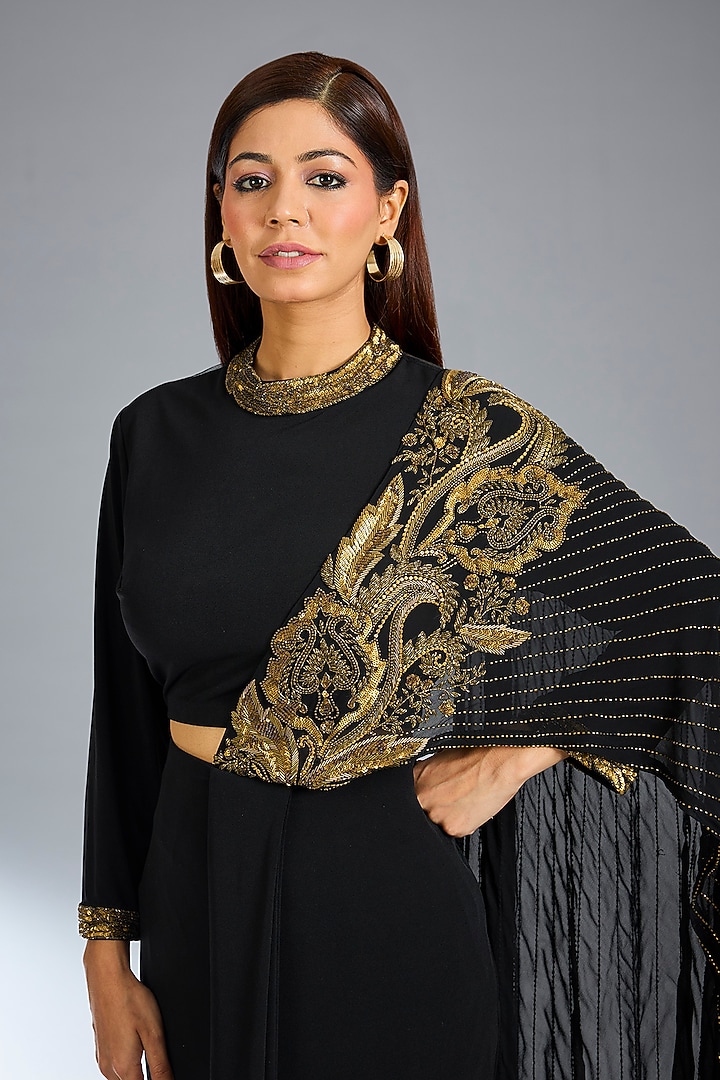 Black Jersey Paisley Hand Embroidered Draped Reception Saree by Namrata Joshipura at Pernia's Pop Up Shop