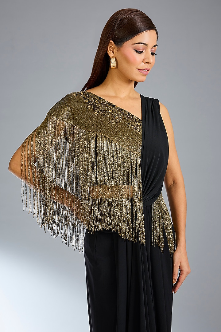 Black Jersey Floral Hand Embroidered Draped Reception Saree Set by Namrata Joshipura at Pernia's Pop Up Shop