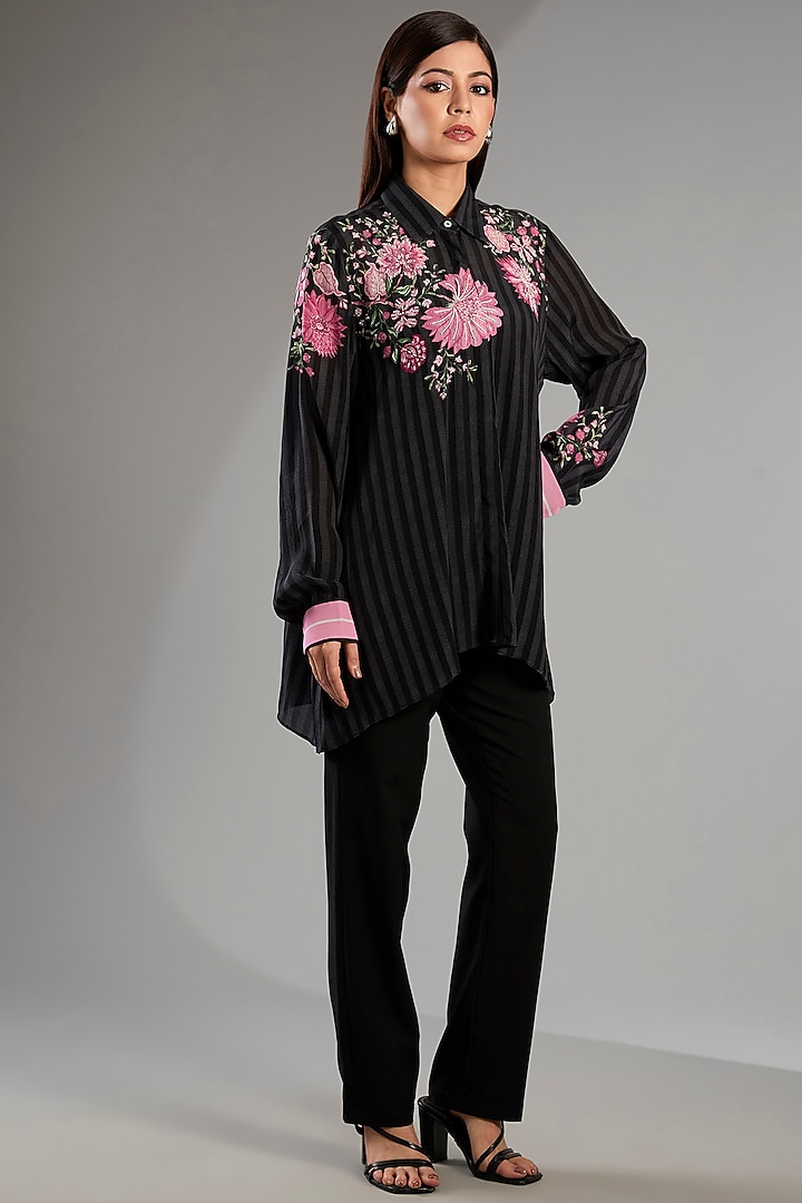 Black Crepe Floral Handkerchief Shirt by Namrata Joshipura at Pernia's Pop Up Shop