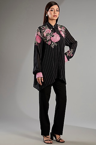 Black Crepe Floral Handkerchief Shirt by Namrata Joshipura