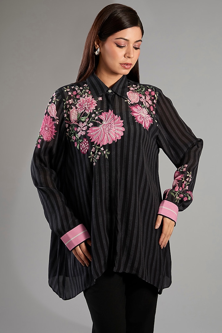 Black Crepe Floral Handkerchief Shirt by Namrata Joshipura at Pernia's Pop Up Shop
