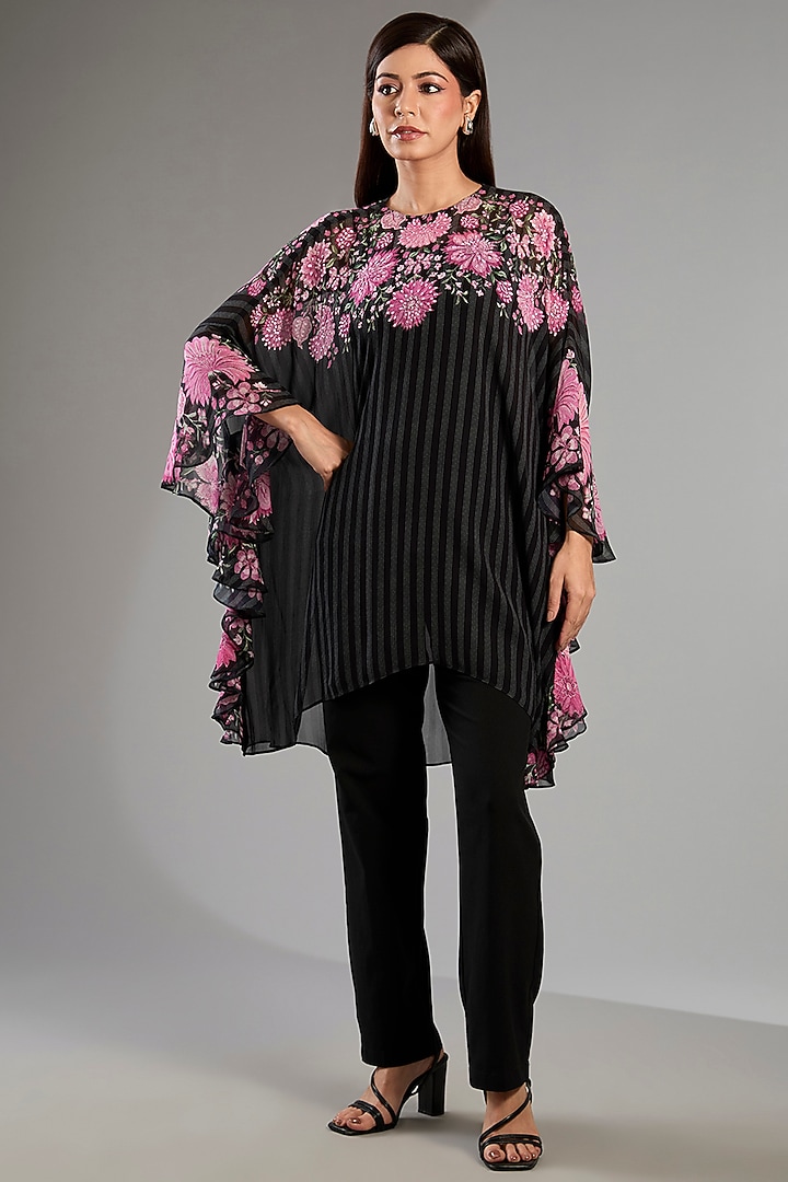 Black Georgette Floral Frill Tunic by Namrata Joshipura at Pernia's Pop Up Shop