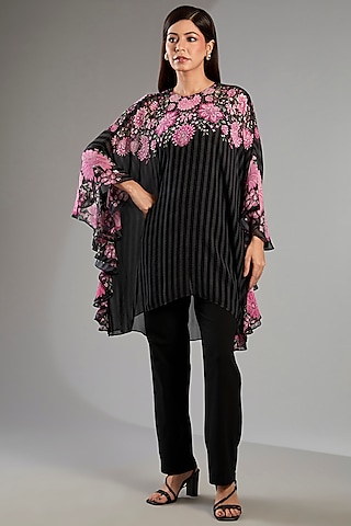 Black Georgette Floral Frill Tunic by Namrata Joshipura