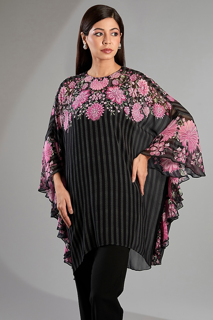 Black Georgette Floral Frill Tunic by Namrata Joshipura at Pernia's Pop Up Shop