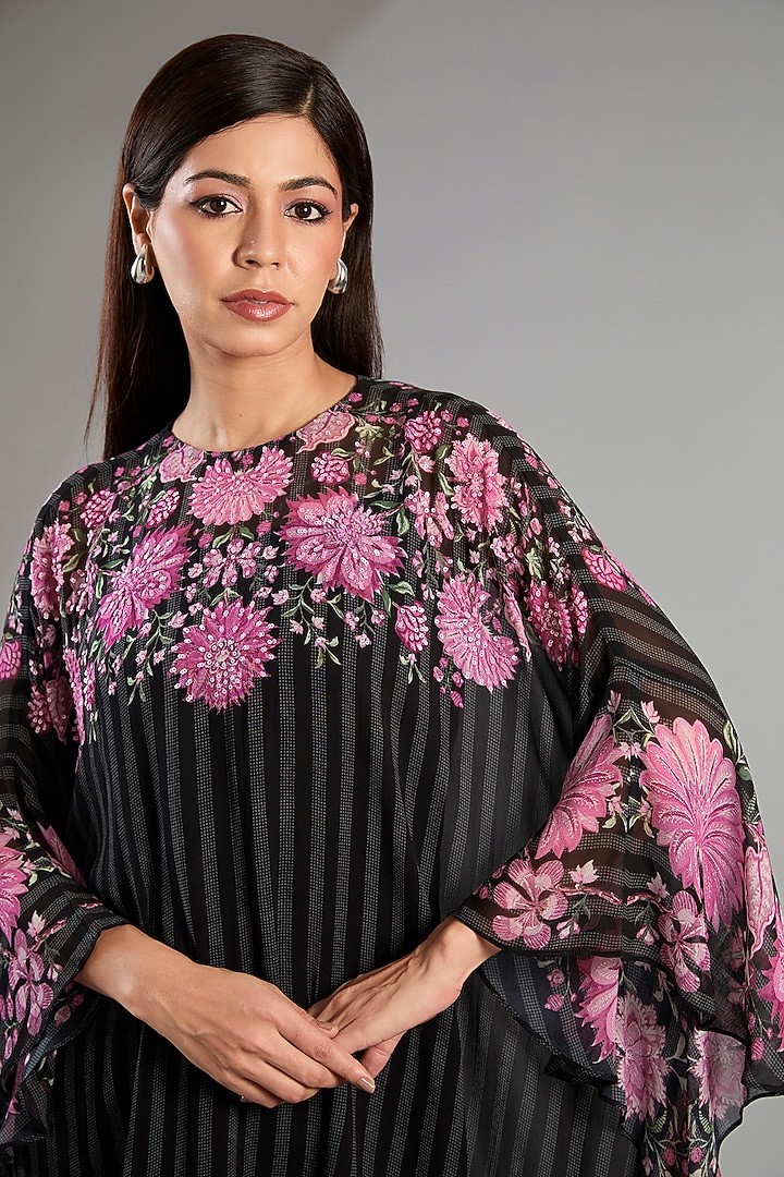 Black Georgette Floral Frill Tunic by Namrata Joshipura at Pernia's Pop Up Shop
