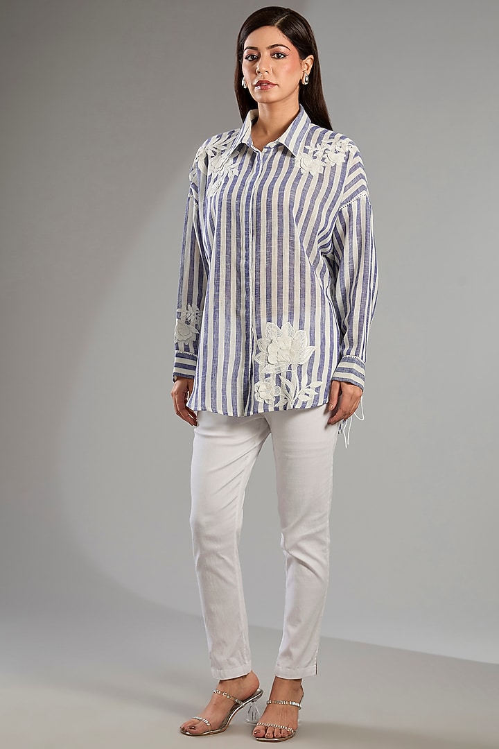 Blue Linen Floral Embellished Shirt by Namrata Joshipura at Pernia's Pop Up Shop