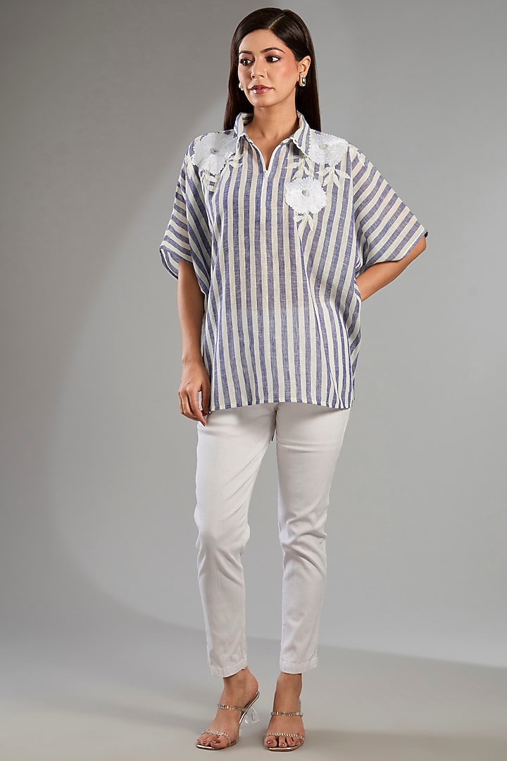 Blue Linen Stripe Shirt by Namrata Joshipura at Pernia's Pop Up Shop