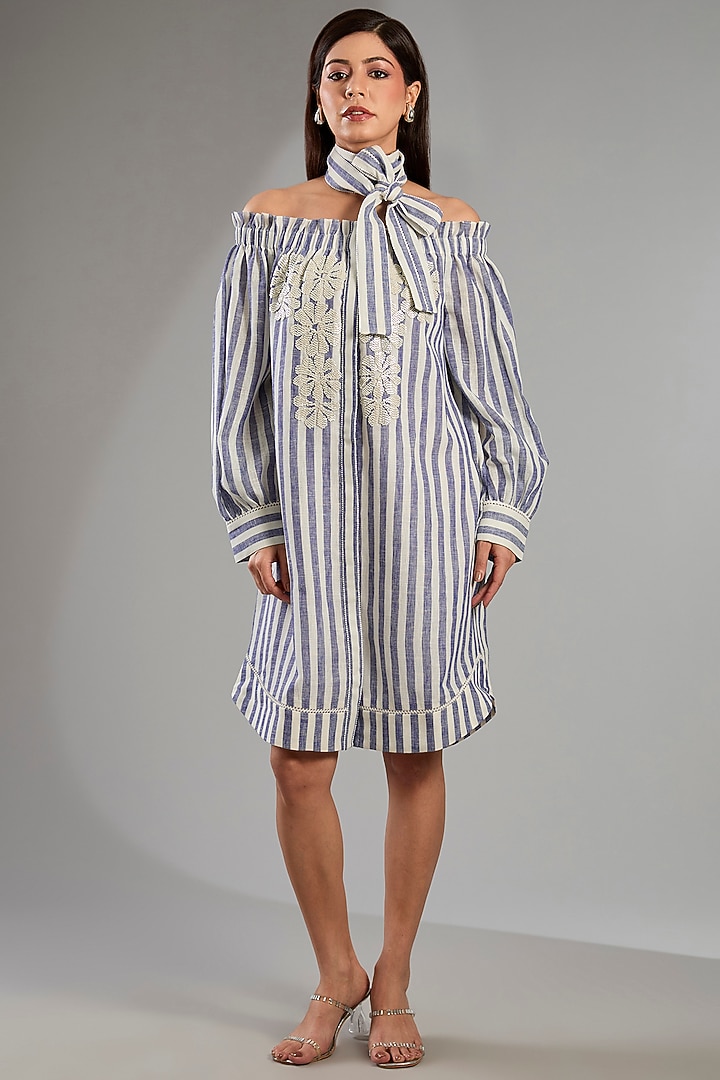 Blue Linen Stripe Vacation Dress With Belt by Namrata Joshipura at Pernia's Pop Up Shop