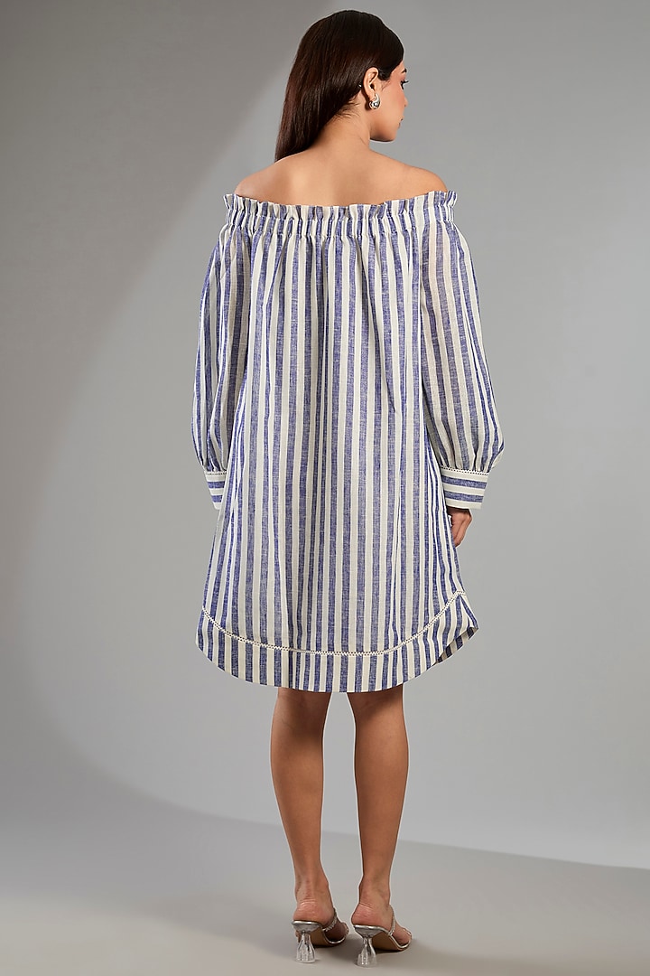 Blue Linen Stripe Cocktail Dress With Belt by Namrata Joshipura at Pernia's Pop Up Shop